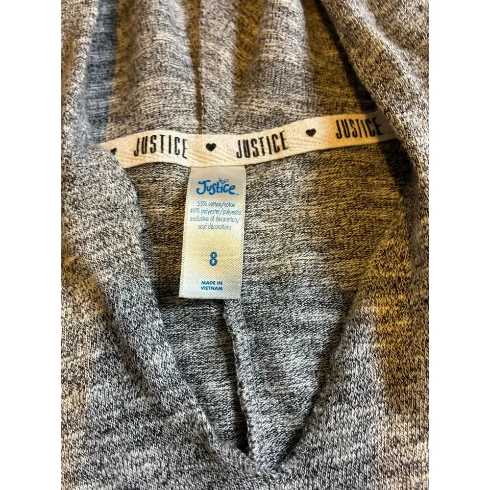 Justice Girls S 8 Gray Hooded Tunic Top Rainbow Logo Striped Sleeve Lightweight